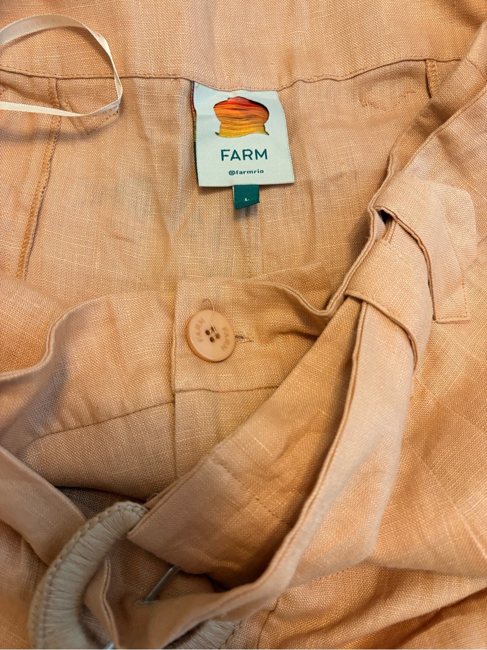 Farm Rio Tan 100% Linen Belted High Waisted Shorts Size L - Picture 3 of 4